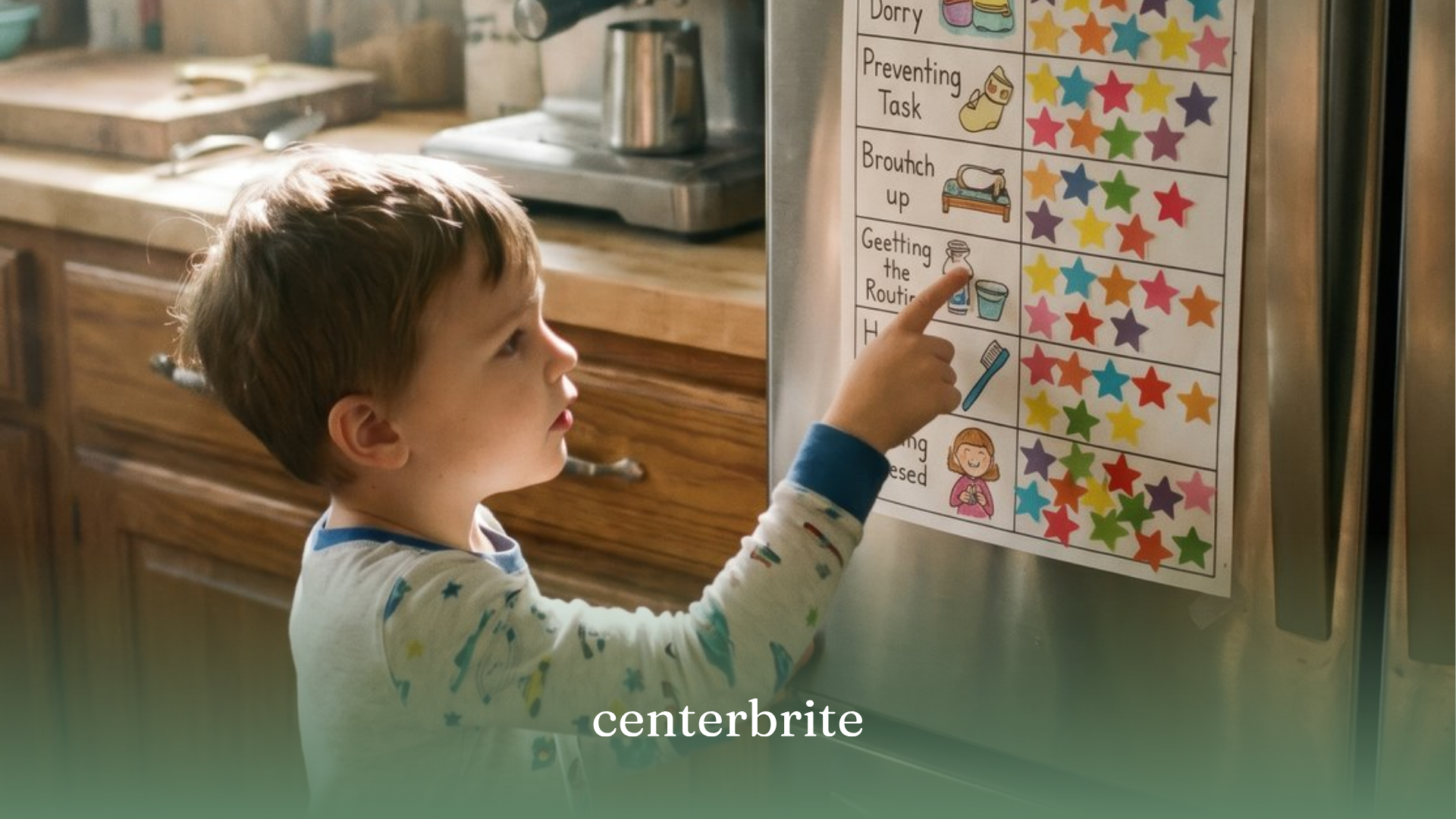 A kid looking at a visual schedule on the fridge
