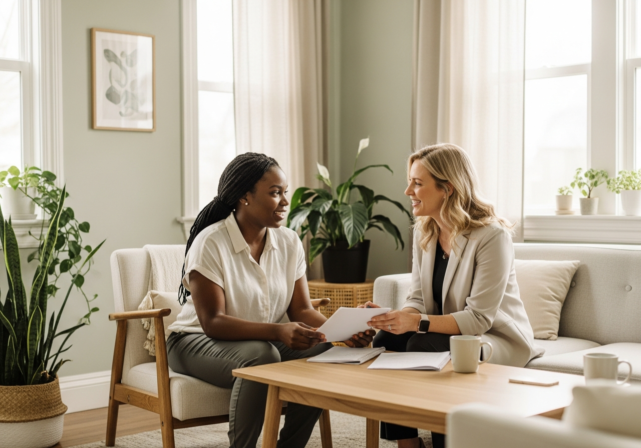 A BCBA and a parent talking together on a couch in a bright, calm living room