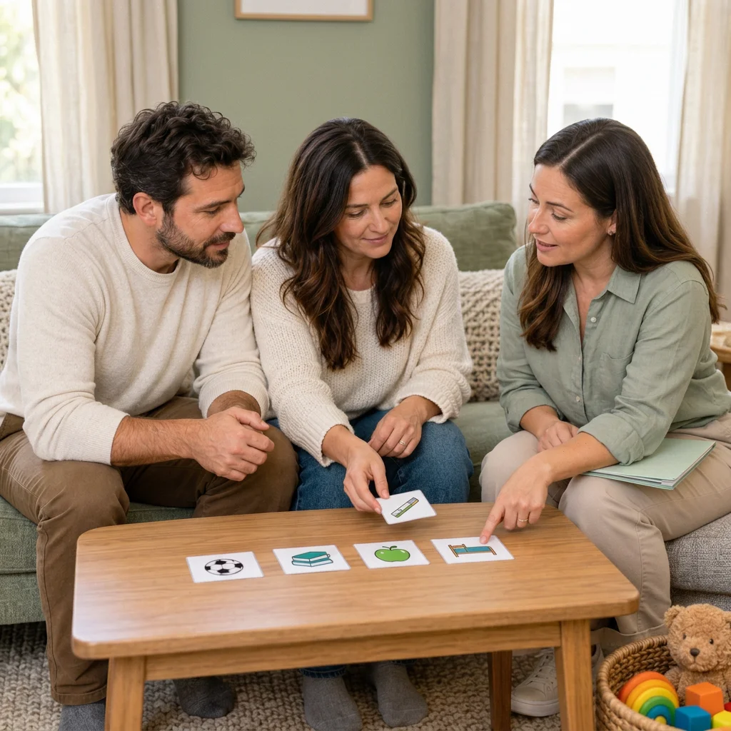Two parents and a Centerbrite BCBA using picture communication cards together at home
