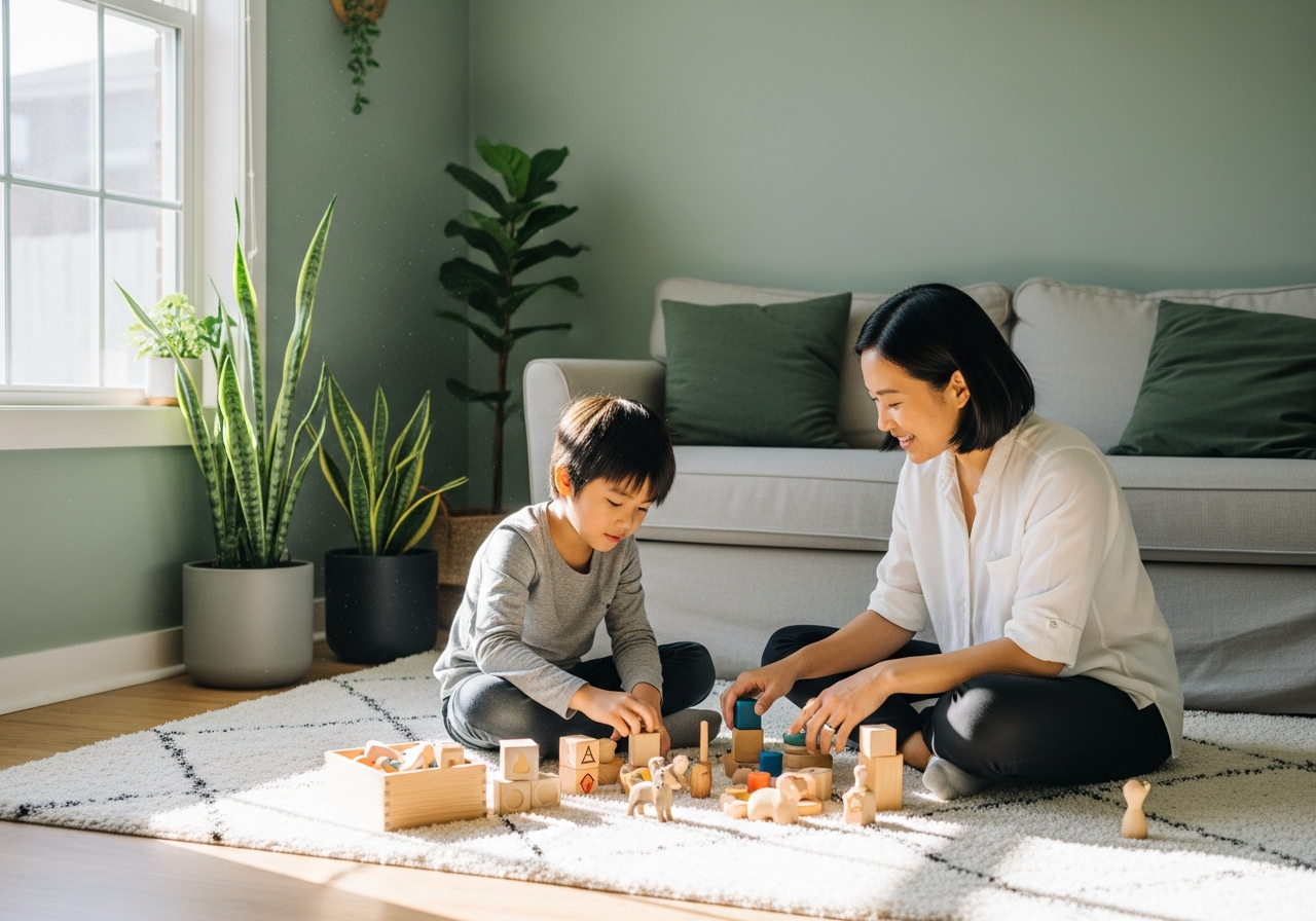 A parent and young child playing with wooden blocks and animal figures on a rug at home