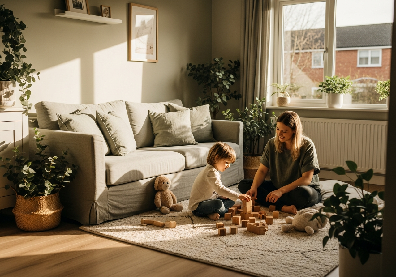A parent and child sitting together on a living-room rug in soft morning light