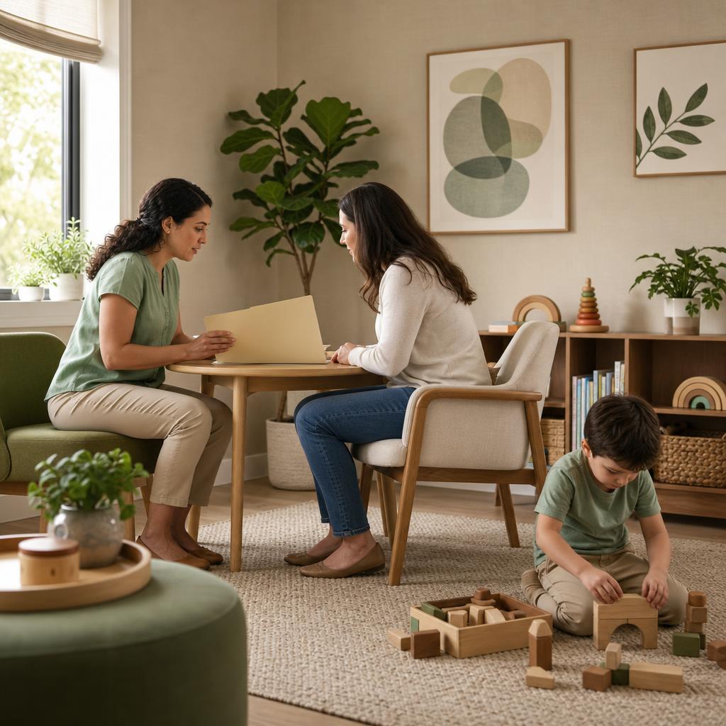 A clinician and parent having a calm conversation while a child plays nearby