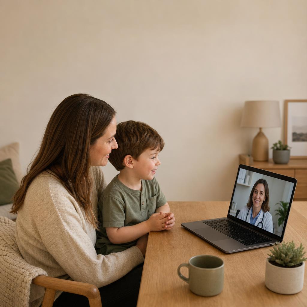 A parent and child at home speaking with a doctor by video call on a laptop